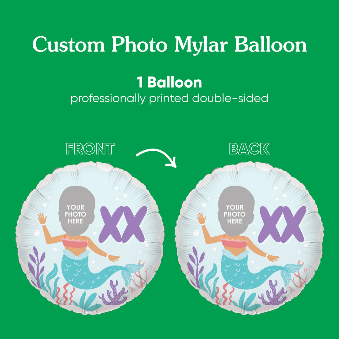 Custom photo mylar balloon with mermaid design on a green background