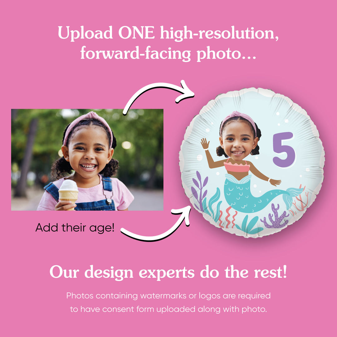 Promotional graphic for a personalized balloon with a child's photo and age on a pink background.