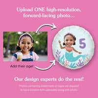 Promotional graphic for a personalized balloon with a child's photo and age on a pink background.