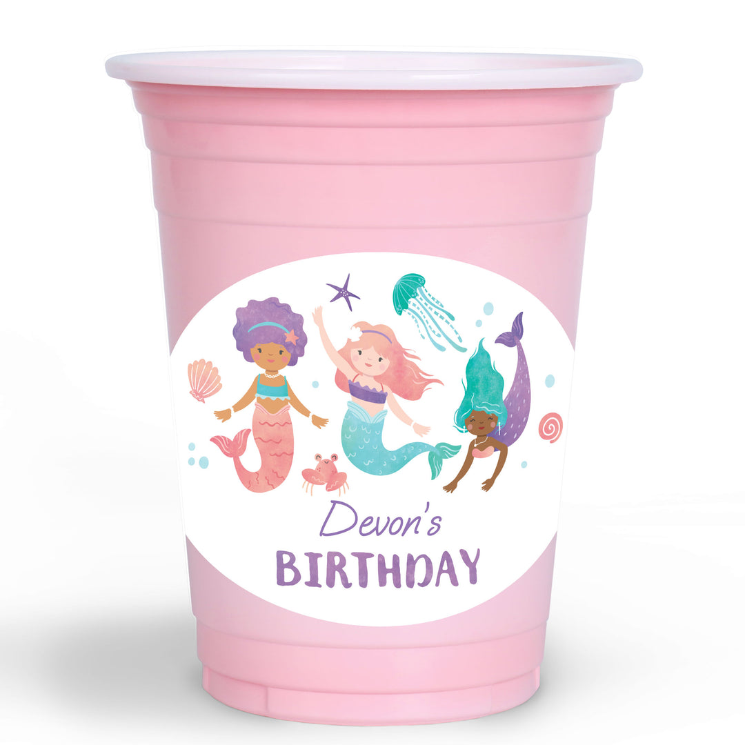 Custom Pink cup with mermaid design and 'Devon's Birthday' text on a white background