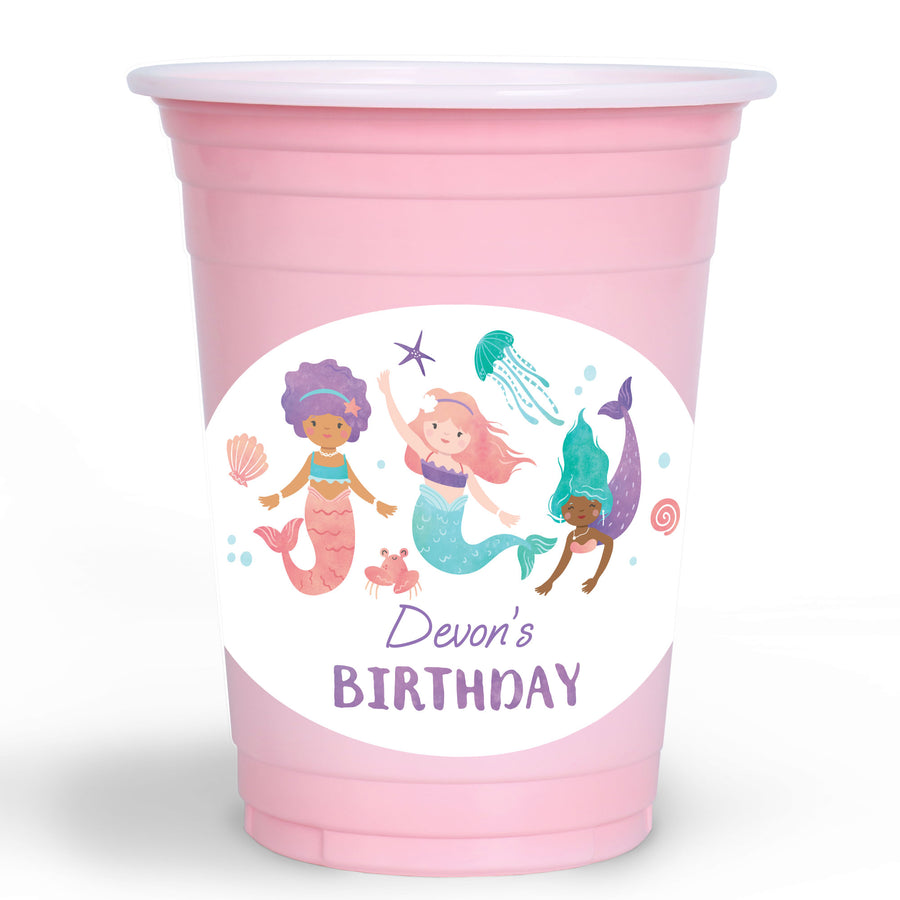 Custom Pink cup with mermaid design and 'Devon's Birthday' text on a white background