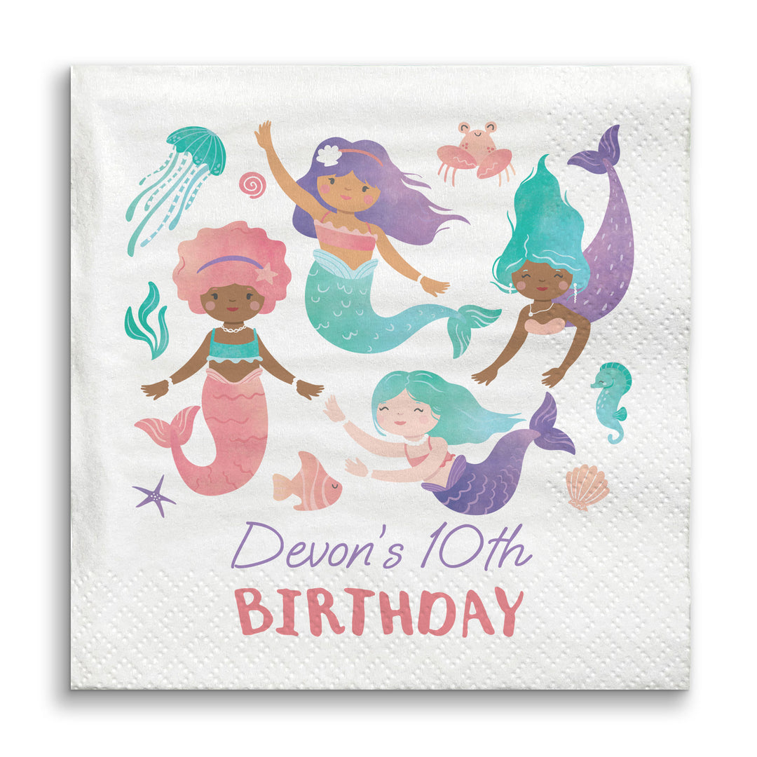 Custom Napkin with mermaid design and 'Devon's 10th Birthday' text on a white background