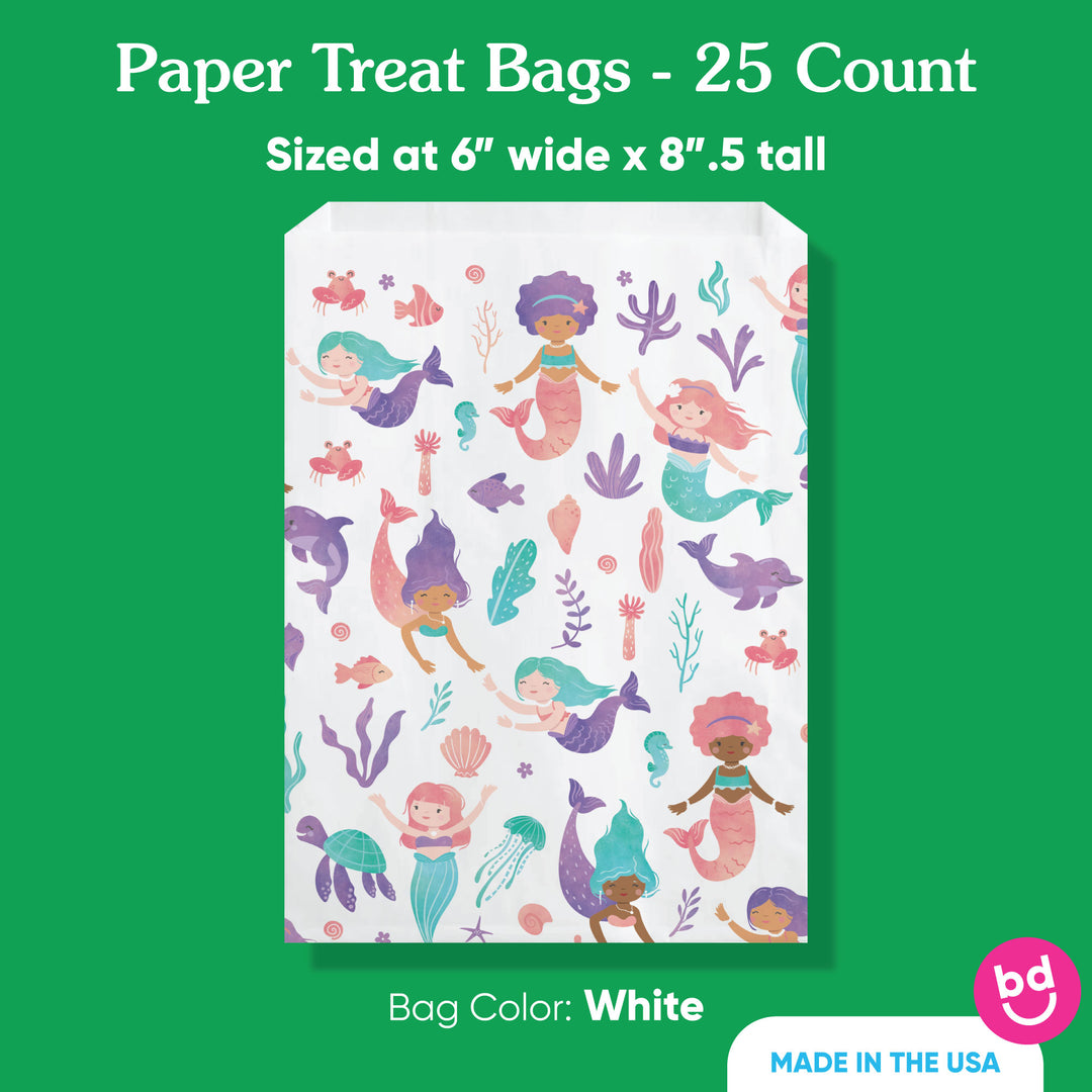 Mermaid patterned paper treat bags on a white background with green border