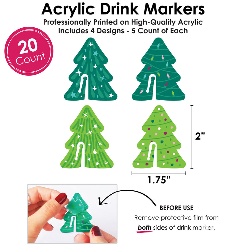 Merry and Bright Trees - Colorful Whimsical Christmas Party Wine Glass Charms - Acrylic Drink Markers - Set of 20