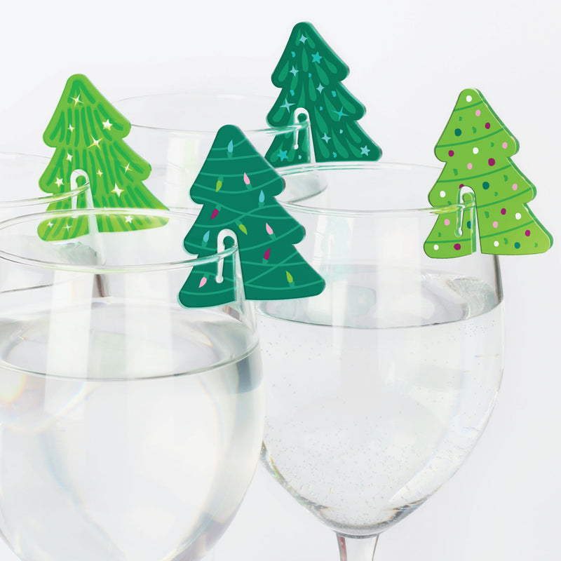 Merry and Bright Trees - Colorful Whimsical Christmas Party Wine Glass Charms - Acrylic Drink Markers - Set of 20