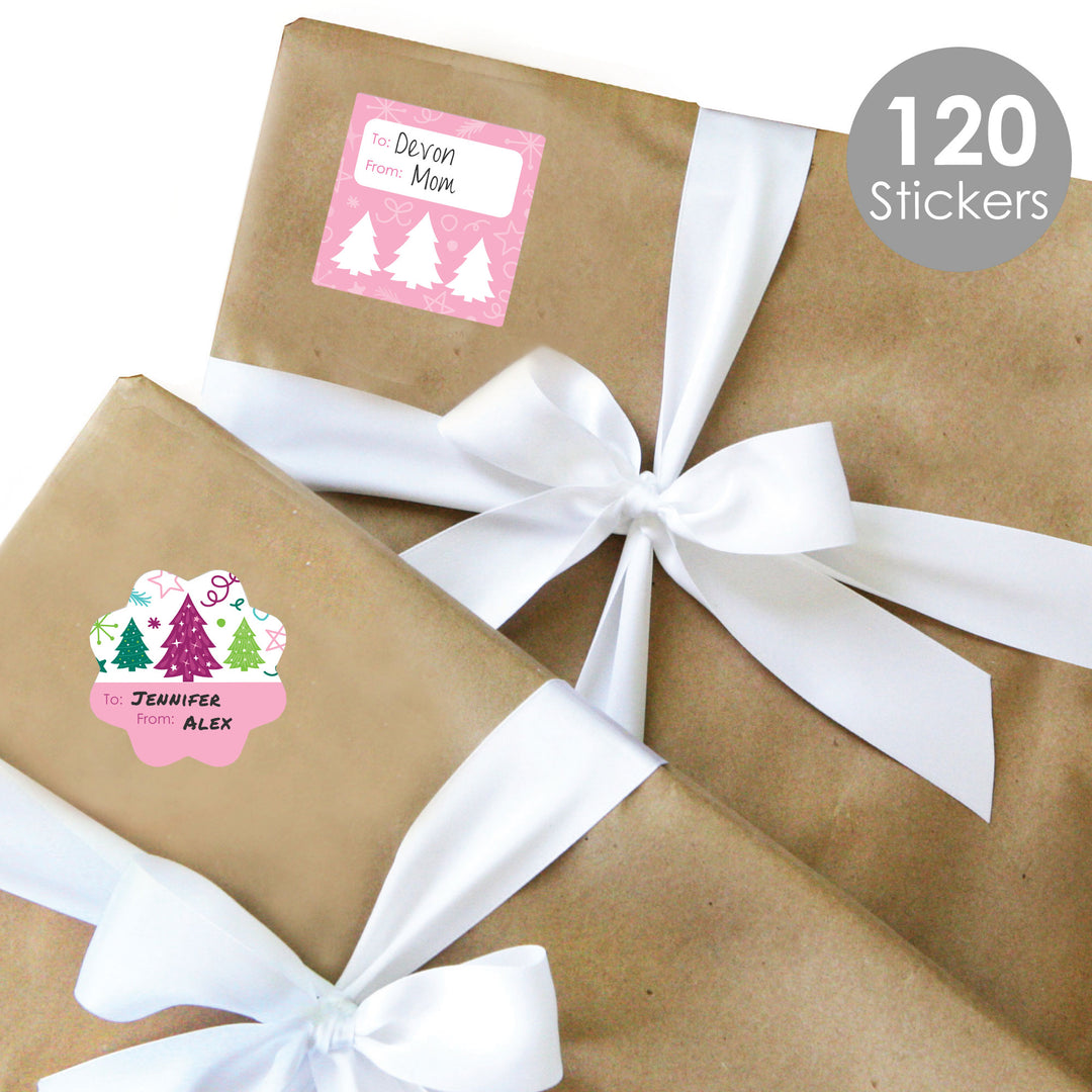 Merry and Bright Trees - Assorted Colorful Whimsical Christmas Party Gift Tag Labels - To and From Stickers - 12 Sheets - 120 Stickers