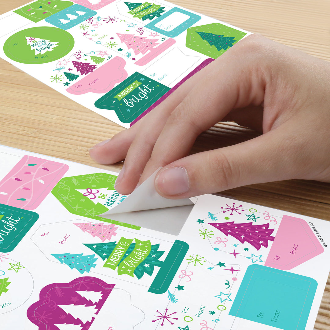 Merry and Bright Trees - Assorted Colorful Whimsical Christmas Party Gift Tag Labels - To and From Stickers - 12 Sheets - 120 Stickers
