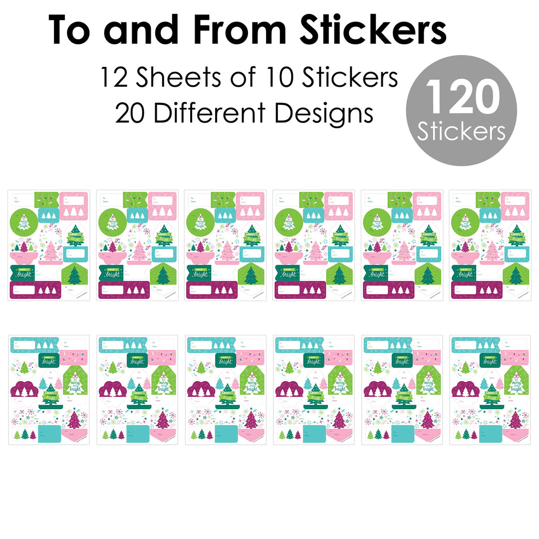 Merry and Bright Trees - Assorted Colorful Whimsical Christmas Party Gift Tag Labels - To and From Stickers - 12 Sheets - 120 Stickers
