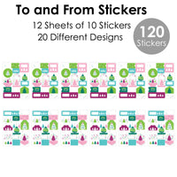 Merry and Bright Trees - Assorted Colorful Whimsical Christmas Party Gift Tag Labels - To and From Stickers - 12 Sheets - 120 Stickers