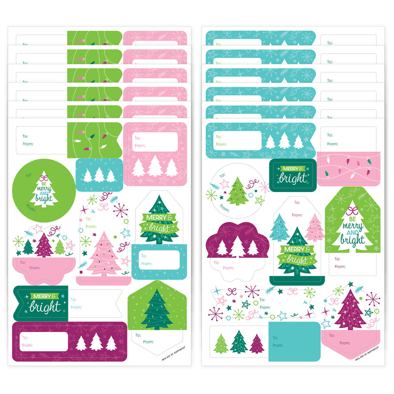 Merry and Bright Trees - Assorted Colorful Whimsical Christmas Party Gift Tag Labels - To and From Stickers - 12 Sheets - 120 Stickers