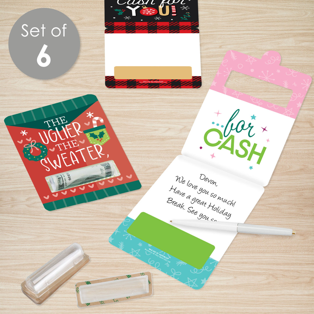 Merry Christmas Cards - DIY Assorted Holiday Party Cash Holder Gift - Funny Money Cards - Set of 6