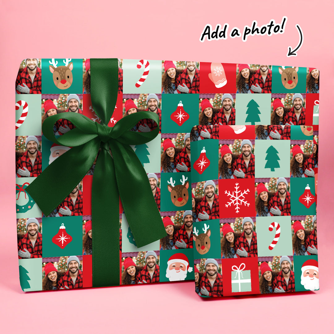 Custom Photo Wrapping Paper - Merry Christmas Checkers