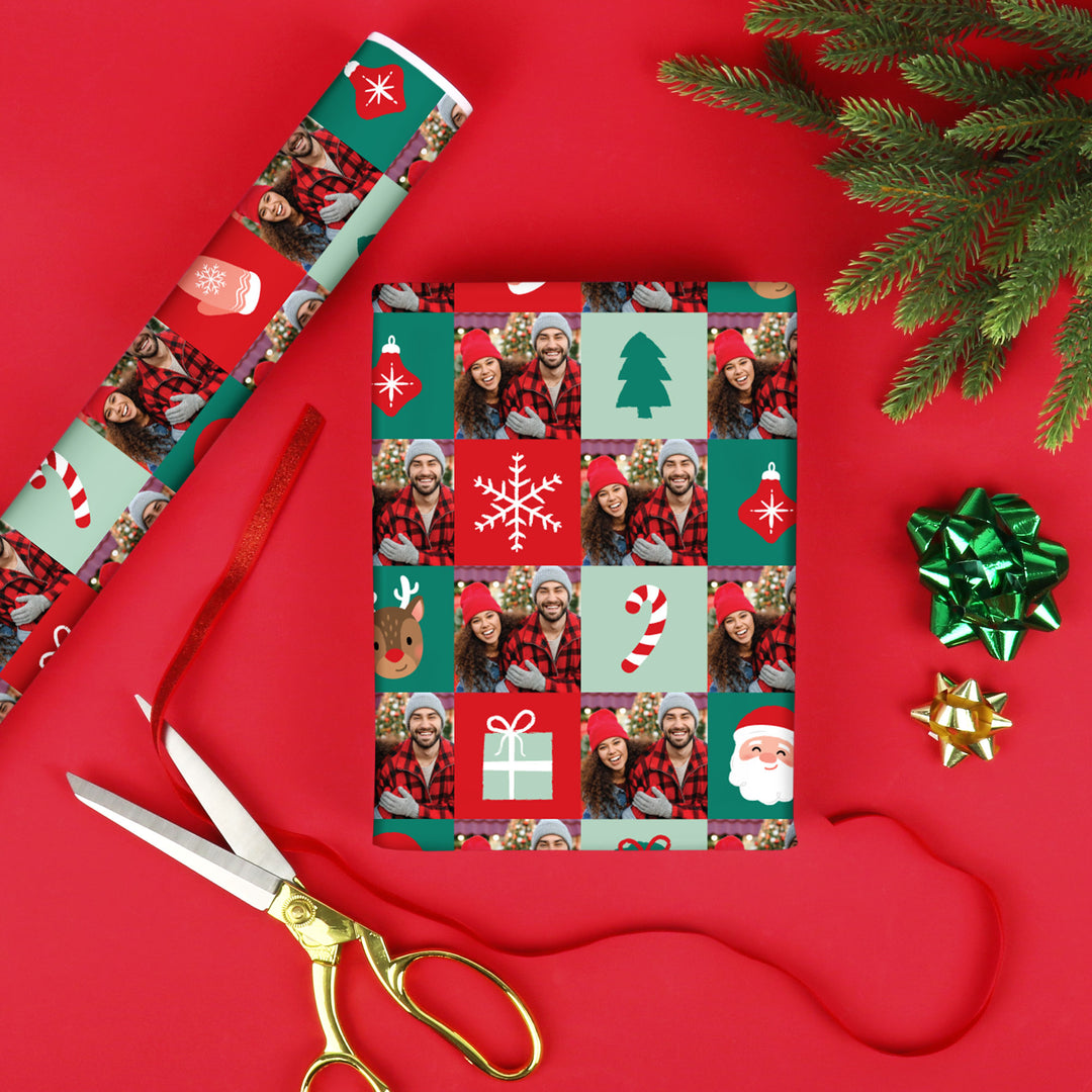 Custom Photo Wrapping Paper - Merry Christmas Checkers