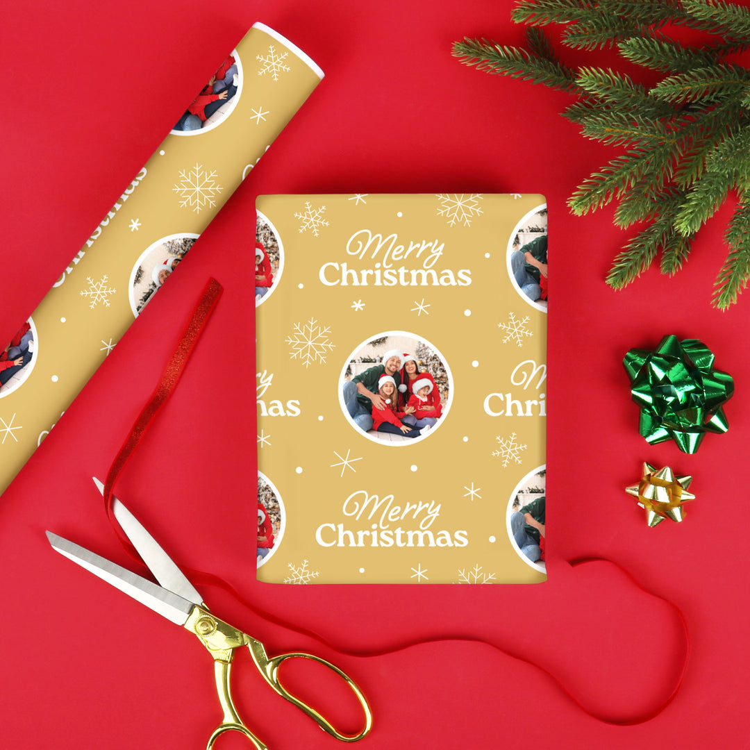 Custom Photo Wrapping Paper - Merry Christmas Gold