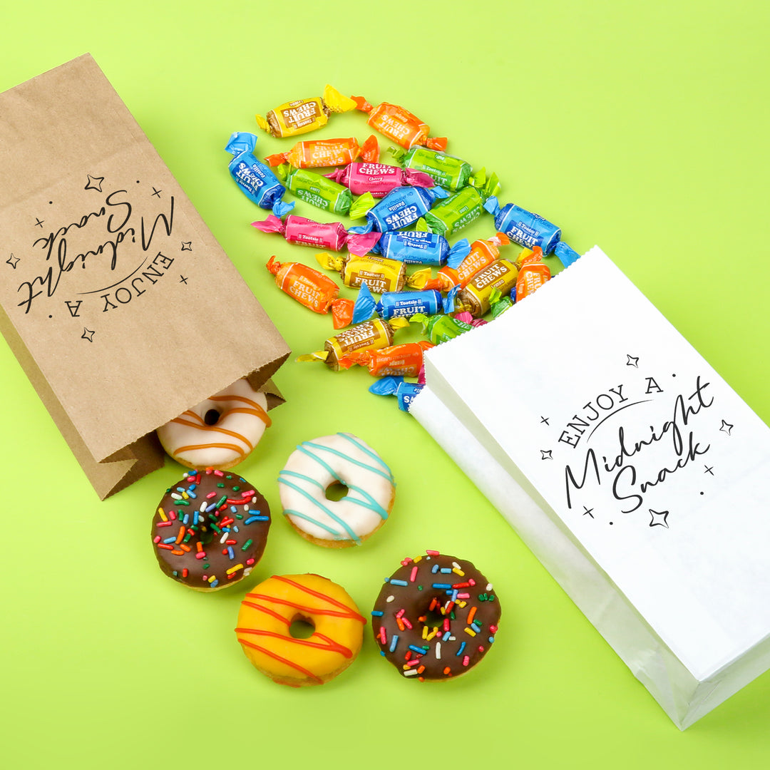 Donuts, candy, and a bag with 'Enjoy a Midnight Snack' text on a green background