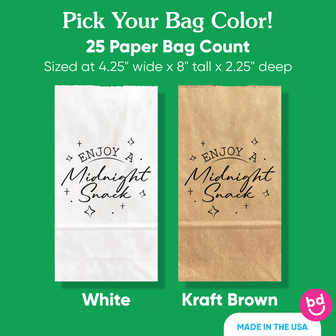 Two paper bags, one white and one kraft brown, with text 'Enjoy a Midnight Snack' on a green background.
