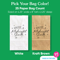 Two paper bags, one white and one kraft brown, with text 'Enjoy a Midnight Snack' on a green background.