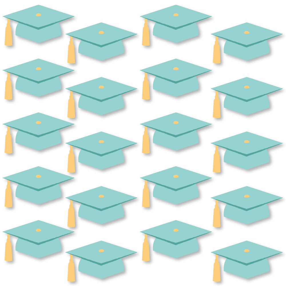Teal graduation caps with yellow tassels on a white background