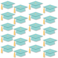 Teal graduation caps with yellow tassels on a white background