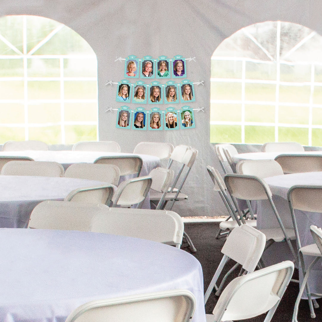 Graduation party wall with pastel photo banner