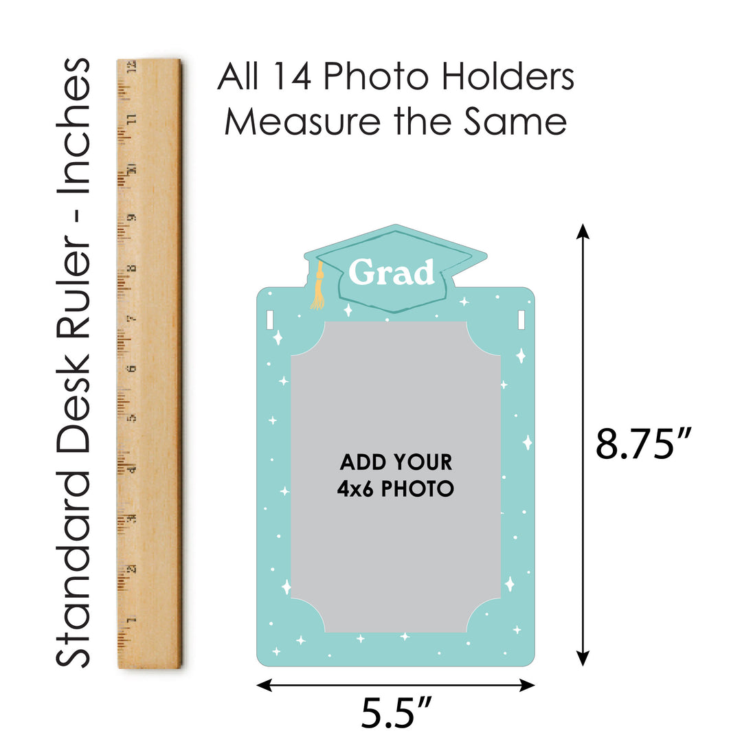 Graduation-themed photo holder with dimensions and a ruler for scale.