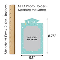 Graduation-themed photo holder with dimensions and a ruler for scale.