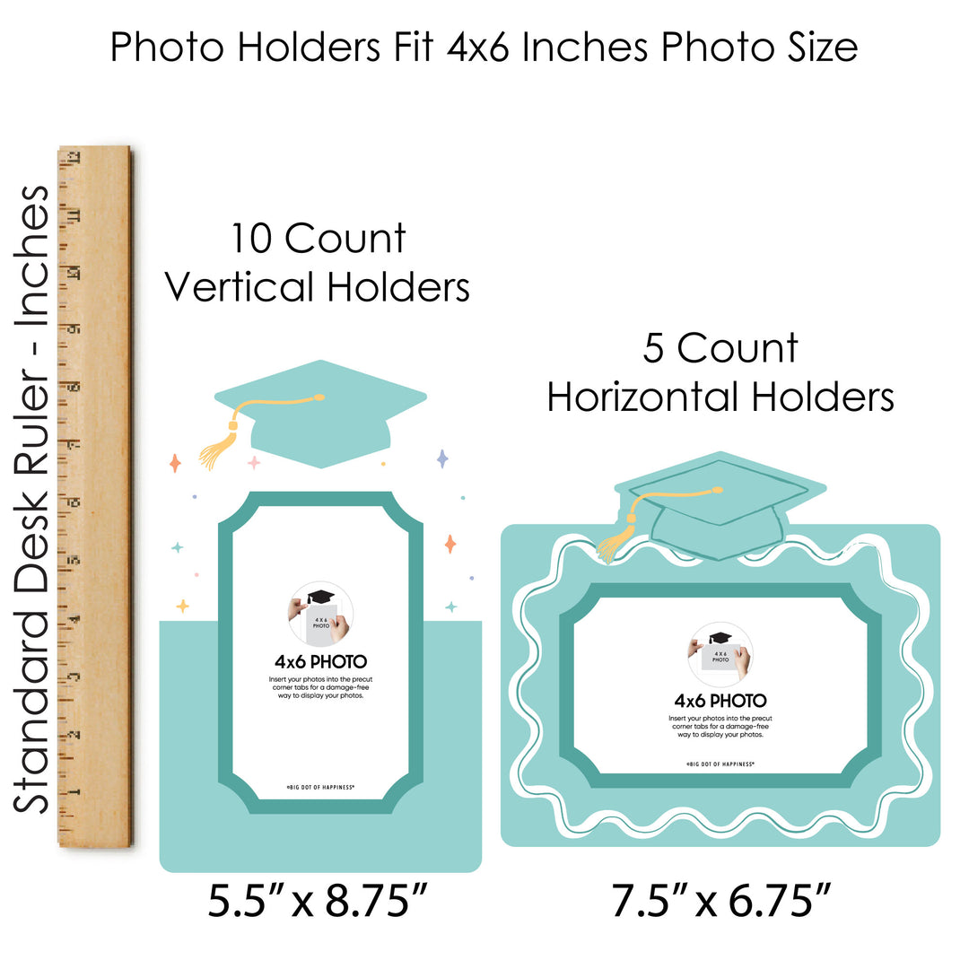Graduation-themed photo holders with dimensions and count labels on a white background