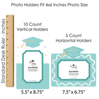 Graduation-themed photo holders with dimensions and count labels on a white background