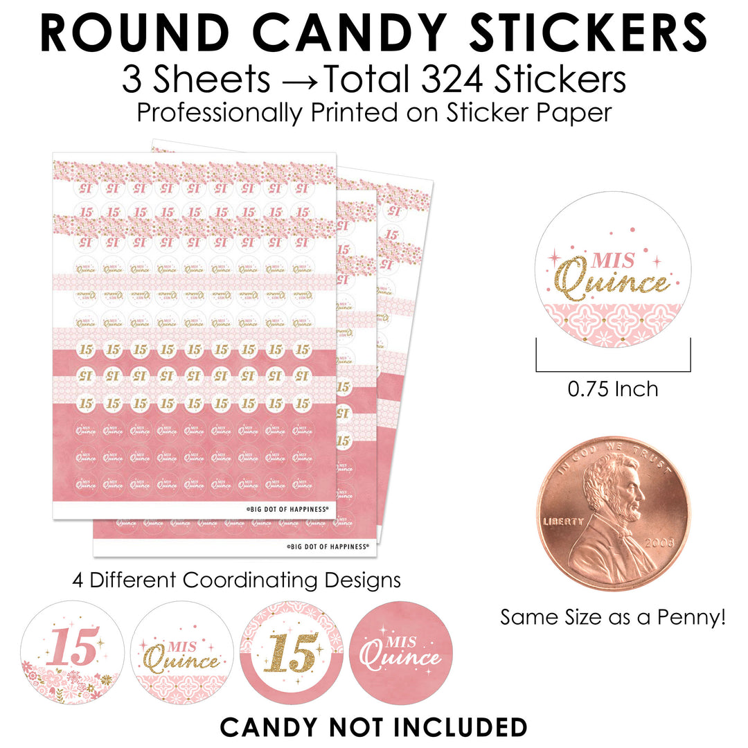 Mis Quince Anos - Quinceanera Sweet 15 Birthday Party Small Round Candy Stickers - Party Favor Labels - 324 Count