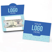 A custom logo money holder card with a slot revealing a bill, and a blue flap with a 'YOUR LOGO HERE' placeholder.