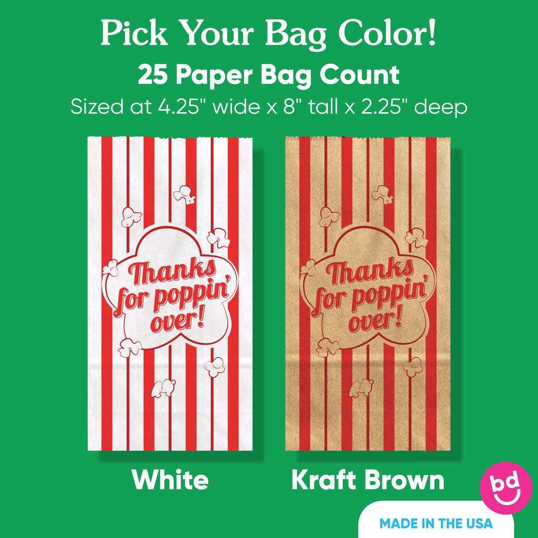 Two paper bags, one white and one kraft brown, with red stripes and text on a green background.