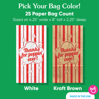 Two paper bags, one white and one kraft brown, with red stripes and text on a green background.
