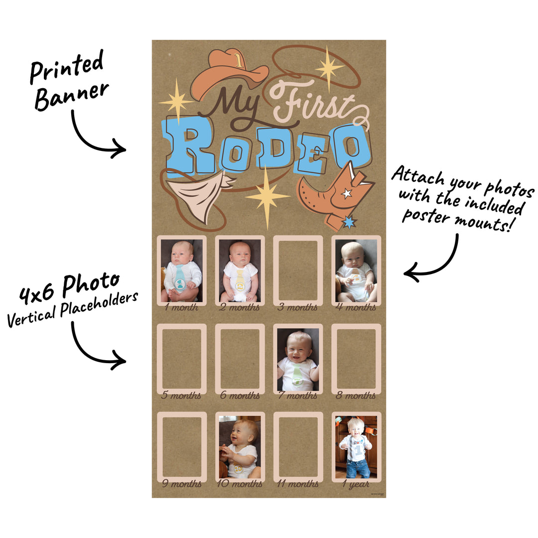 My First Rodeo banner with 12 photo slots and poster mounts included