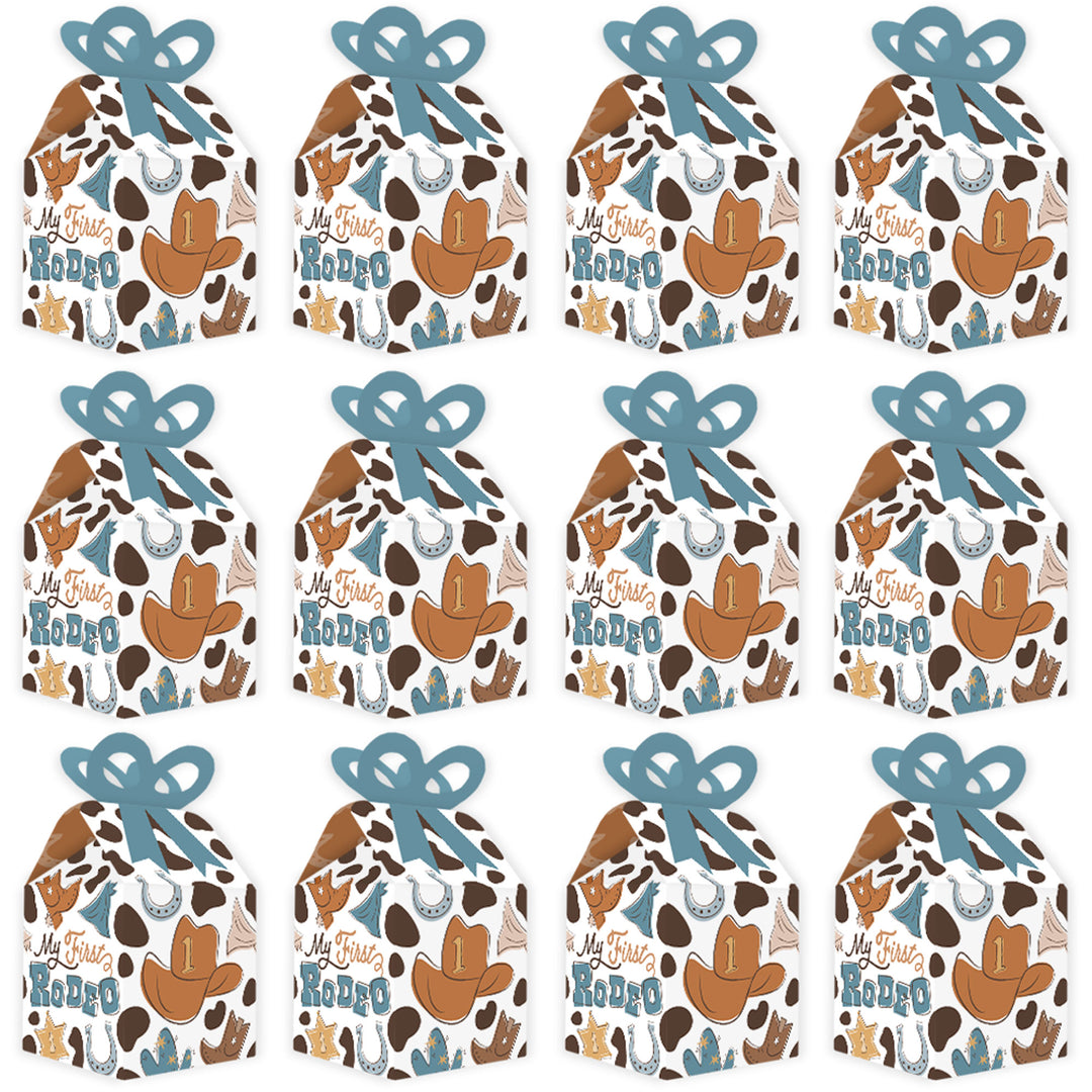 My First Rodeo - Square Favor Gift Boxes - Little Cowboy 1st Birthday Party Bow Boxes - Set of 12
