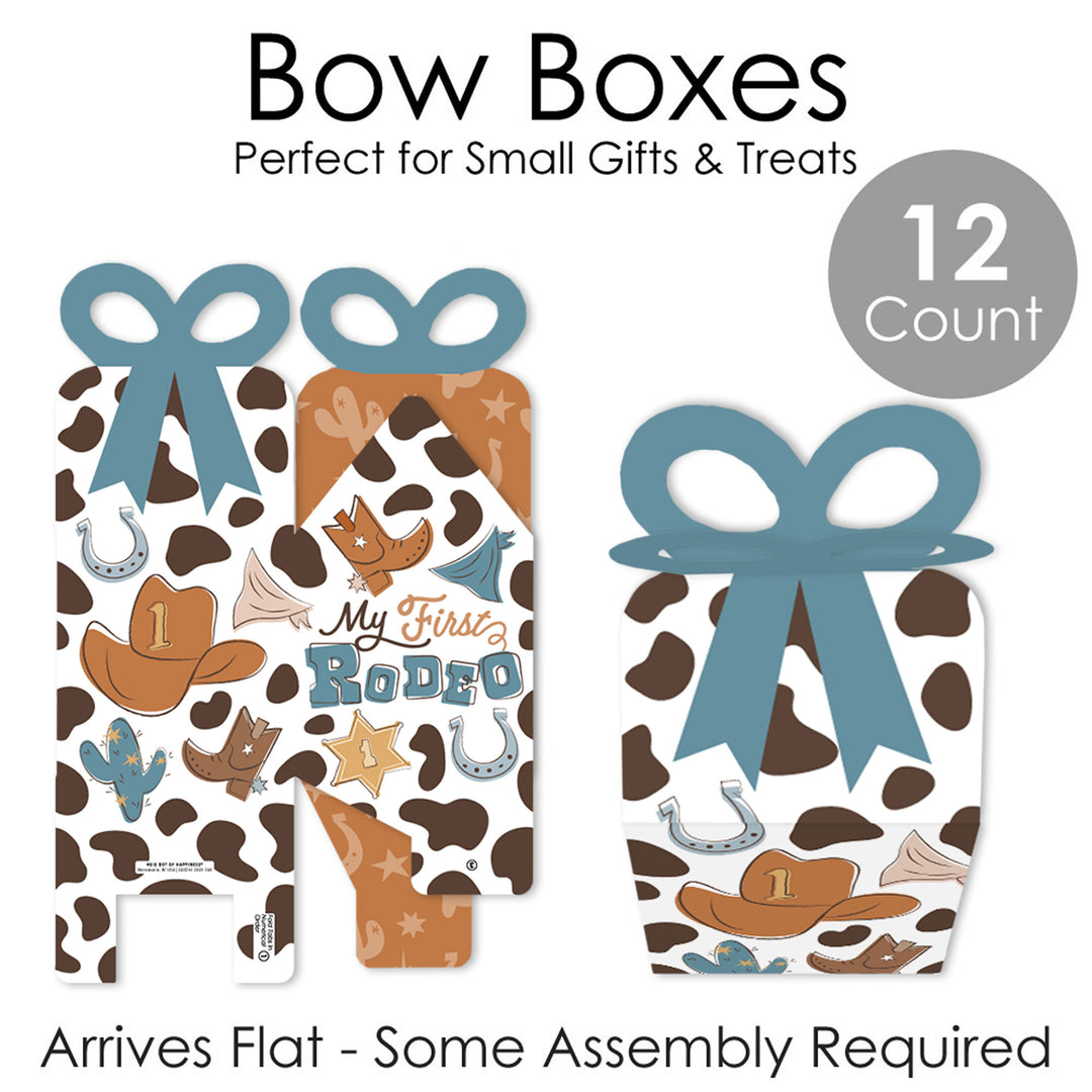 My First Rodeo - Square Favor Gift Boxes - Little Cowboy 1st Birthday Party Bow Boxes - Set of 12