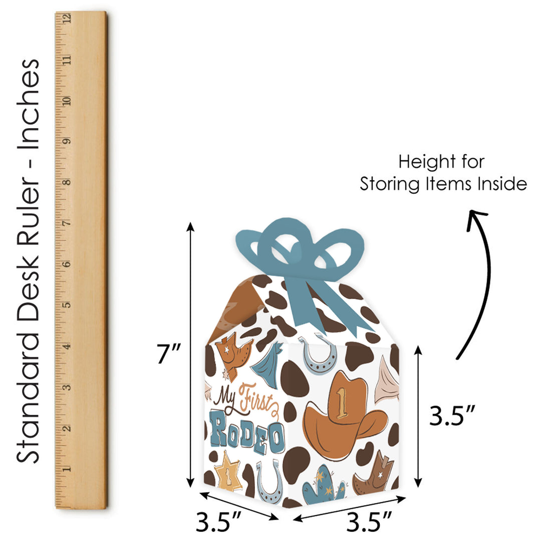 My First Rodeo - Square Favor Gift Boxes - Little Cowboy 1st Birthday Party Bow Boxes - Set of 12