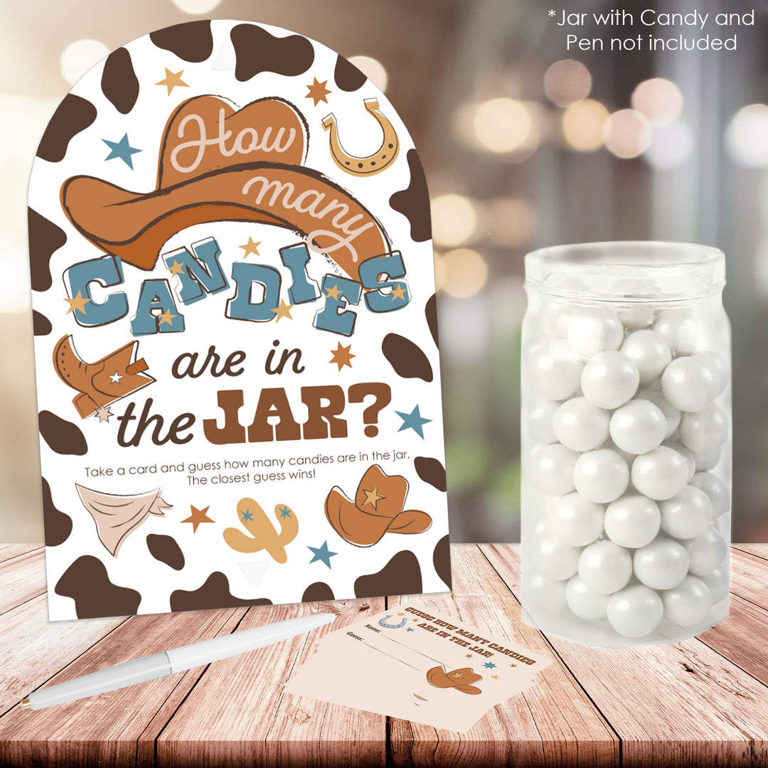 My First Rodeo - How Many Candies Little Cowboy 1st Birthday Party Game - 1 Stand and 40 Cards - Candy Guessing Game
