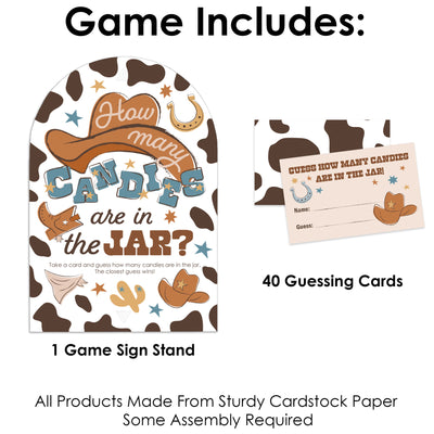 My First Rodeo - How Many Candies Little Cowboy 1st Birthday Party Game - 1 Stand and 40 Cards - Candy Guessing Game