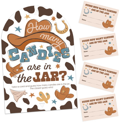 My First Rodeo - How Many Candies Little Cowboy 1st Birthday Party Game - 1 Stand and 40 Cards - Candy Guessing Game