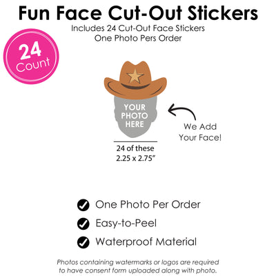 Custom Photo My First Rodeo - Little Cowboy 1st Birthday Party Favors - Fun Face Cut-Out Stickers - Set of 24