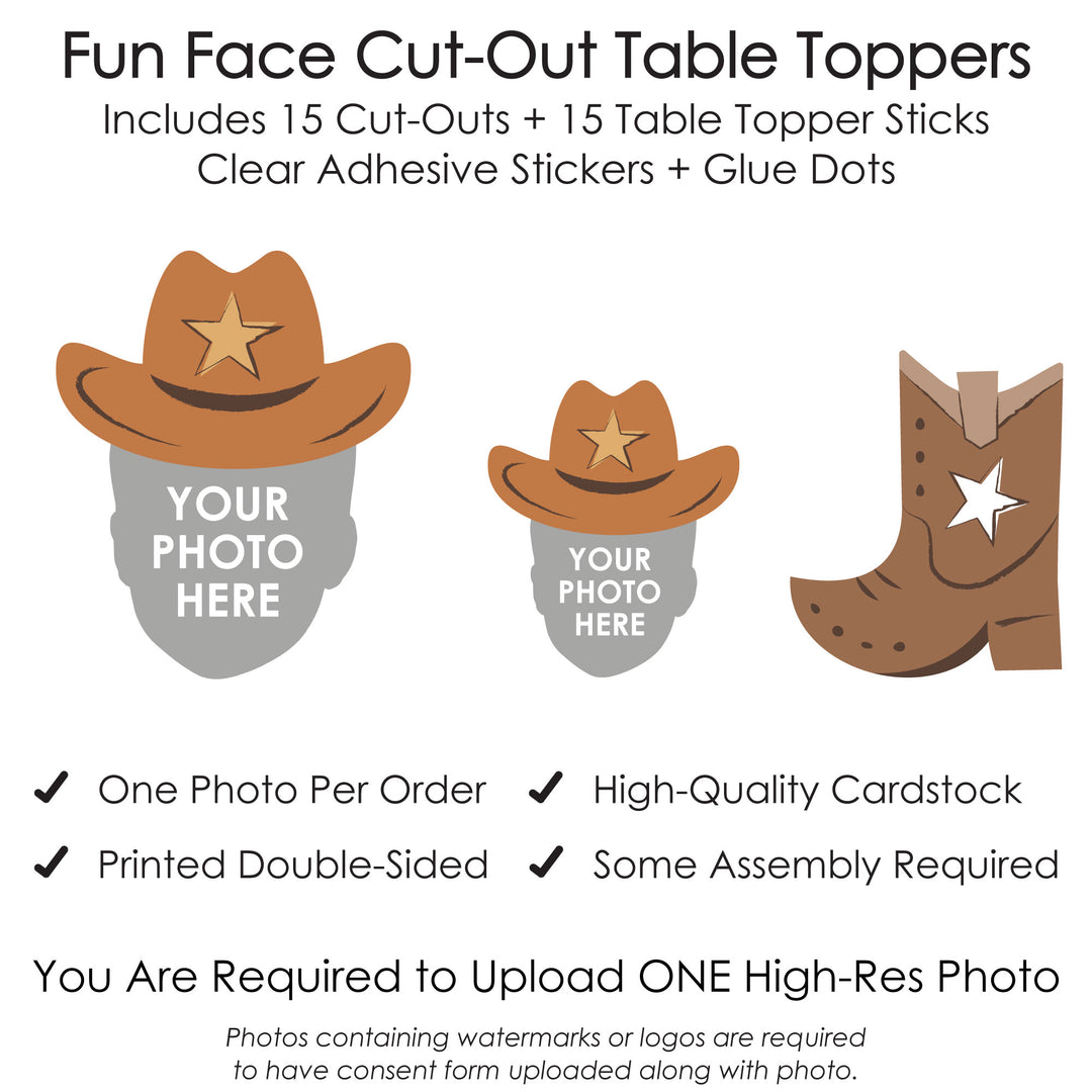 Custom Photo My First Rodeo - Little Cowboy 1st Birthday Party Centerpiece Sticks - Fun Face Table Toppers - Set of 15