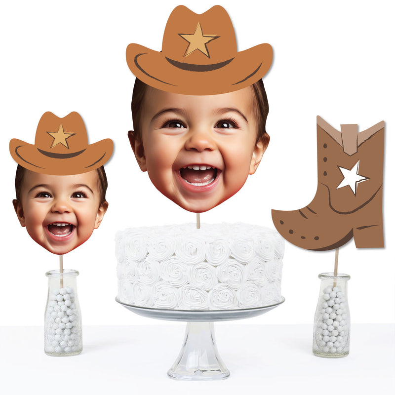 Custom Photo My First Rodeo - Little Cowboy 1st Birthday Party Centerpiece Sticks - Fun Face Table Toppers - Set of 15