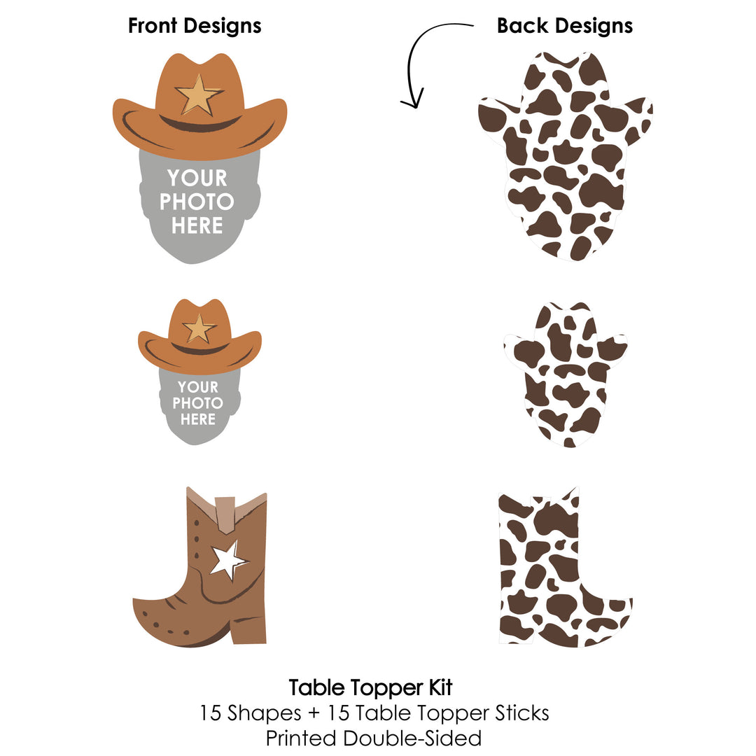 Custom Photo My First Rodeo - Little Cowboy 1st Birthday Party Centerpiece Sticks - Fun Face Table Toppers - Set of 15