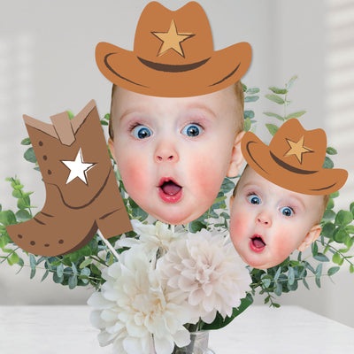 Custom Photo My First Rodeo - Little Cowboy 1st Birthday Party Centerpiece Sticks - Fun Face Table Toppers - Set of 15