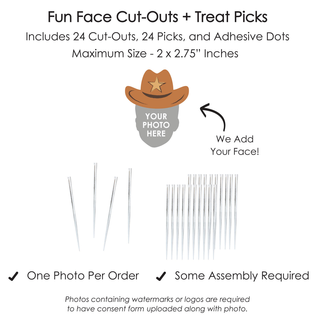 Custom Photo My First Rodeo - Little Cowboy 1st Birthday Party Dessert Cupcake Toppers - Fun Face Clear Treat Picks - Set of 24