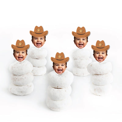 Custom Photo My First Rodeo - Little Cowboy 1st Birthday Party Dessert Cupcake Toppers - Fun Face Clear Treat Picks - Set of 24
