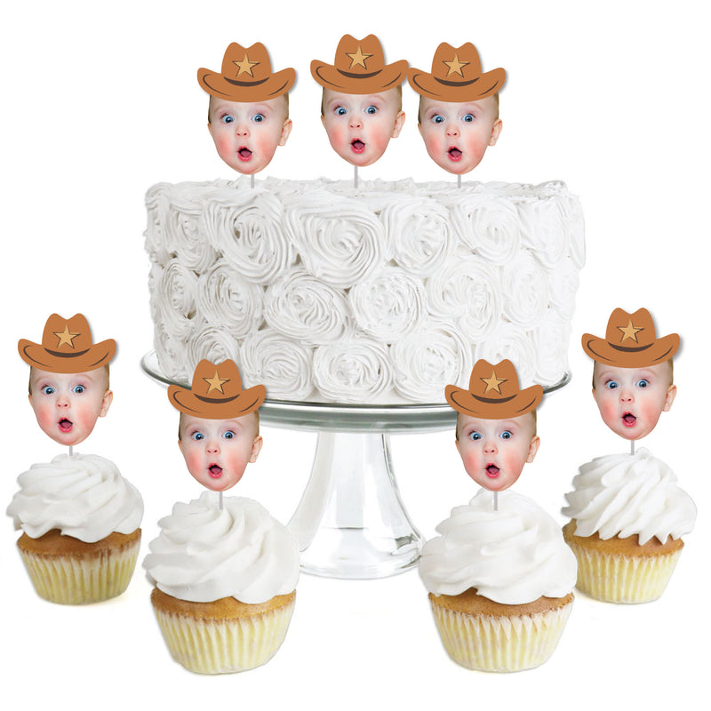 Custom Photo My First Rodeo - Little Cowboy 1st Birthday Party Dessert Cupcake Toppers - Fun Face Clear Treat Picks - Set of 24