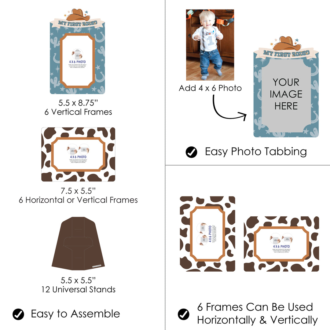 My First Rodeo - Little Cowboy 1st Birthday Party 4x6 Picture Display - Paper Photo Frames - Set of 12