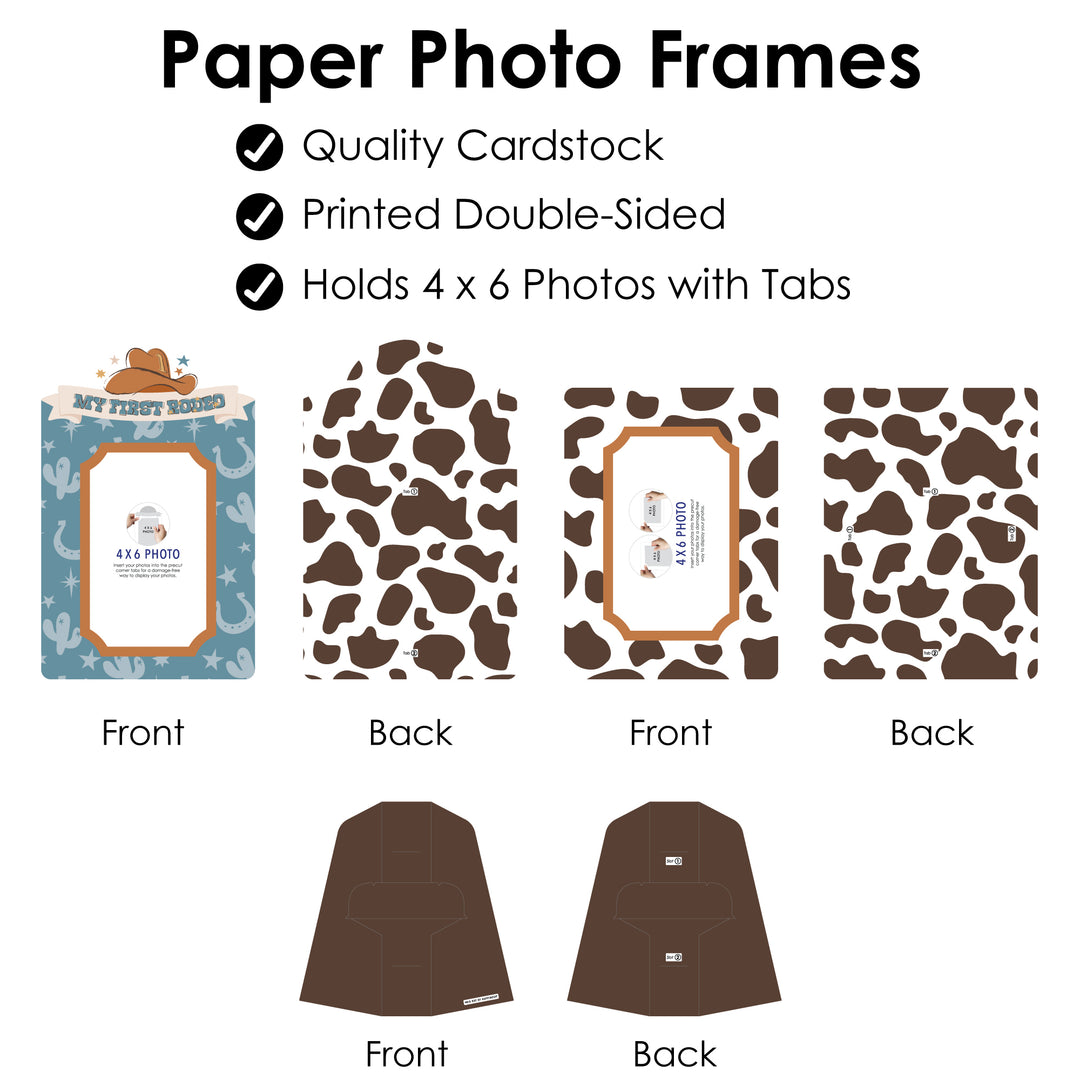 My First Rodeo - Little Cowboy 1st Birthday Party 4x6 Picture Display - Paper Photo Frames - Set of 12