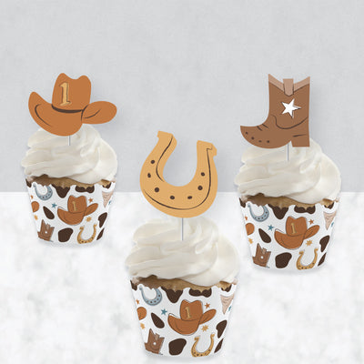 My First Rodeo - Cupcake Decoration - Little Cowboy 1st Birthday Party Cupcake Wrappers and Treat Picks Kit - Set of 24